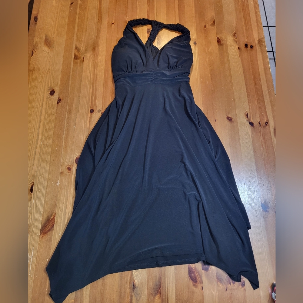 Amore Black Halter Midi Dress, Ties in the Back, Asymmetrical Flowy Hem, Size L